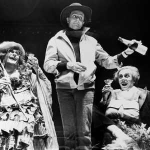 Barry Humphries prepares a toast to his loveable characters, Dame Edna Everage and Sir Les Patterson in a triple exposure on one negative. An image from the Casamento retrospective.